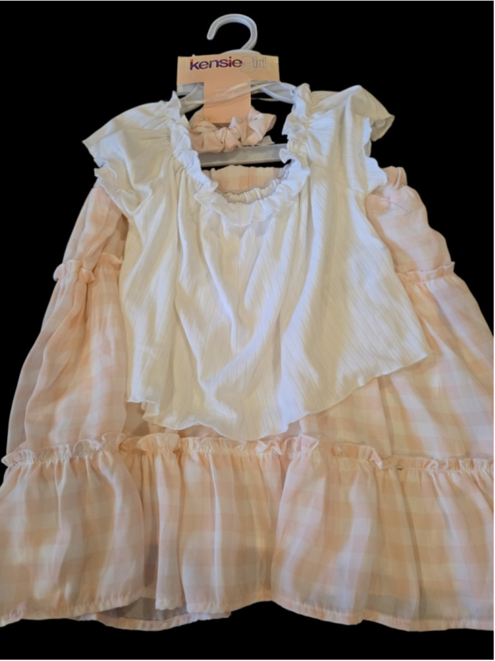 Kensie Girl 3 Piece Top Lined Skirt & Scrunchie Sz 14 Pink & White Gingham (OC2